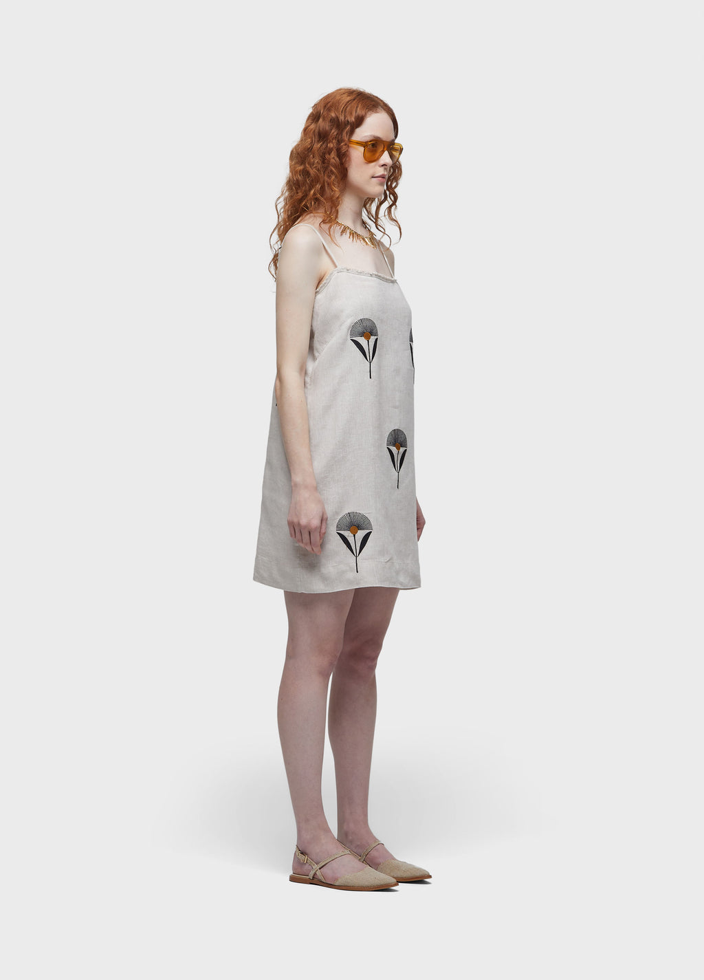 EMBROIDERED SUNFLOWER STRAIGHT STRAP DRESS