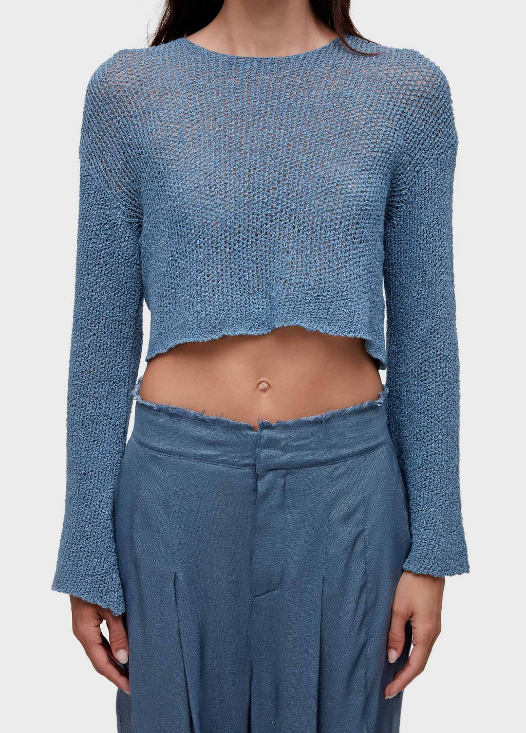 KNITTED FLARE LONG-SLEEVED MESH BLOUSE