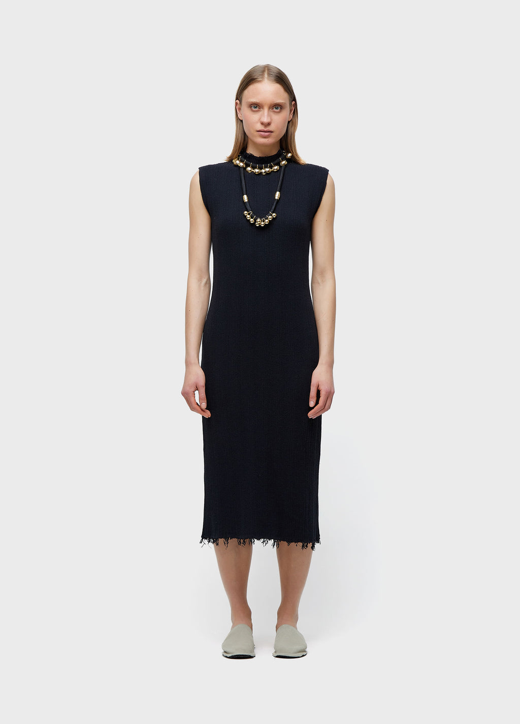 FRAYED HIGH-NECK DRESS