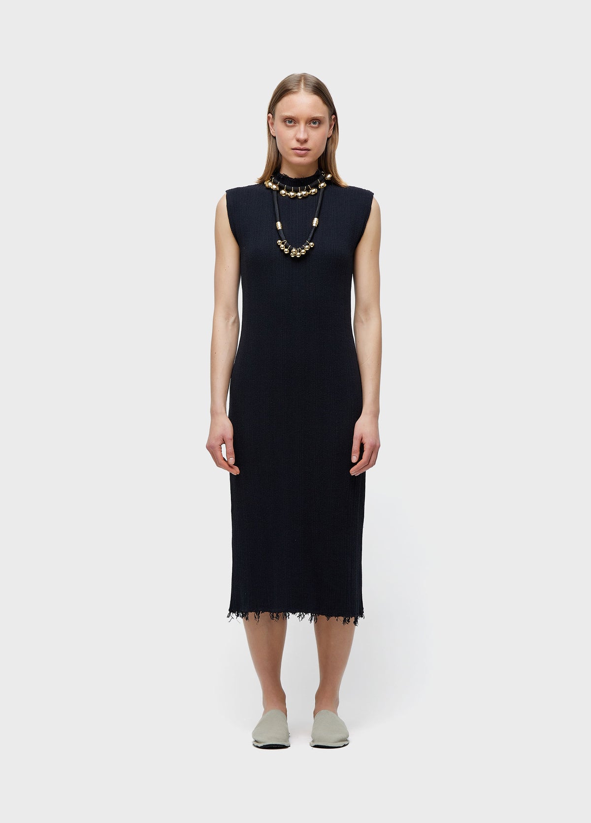 FRAYED HIGH-NECK DRESS