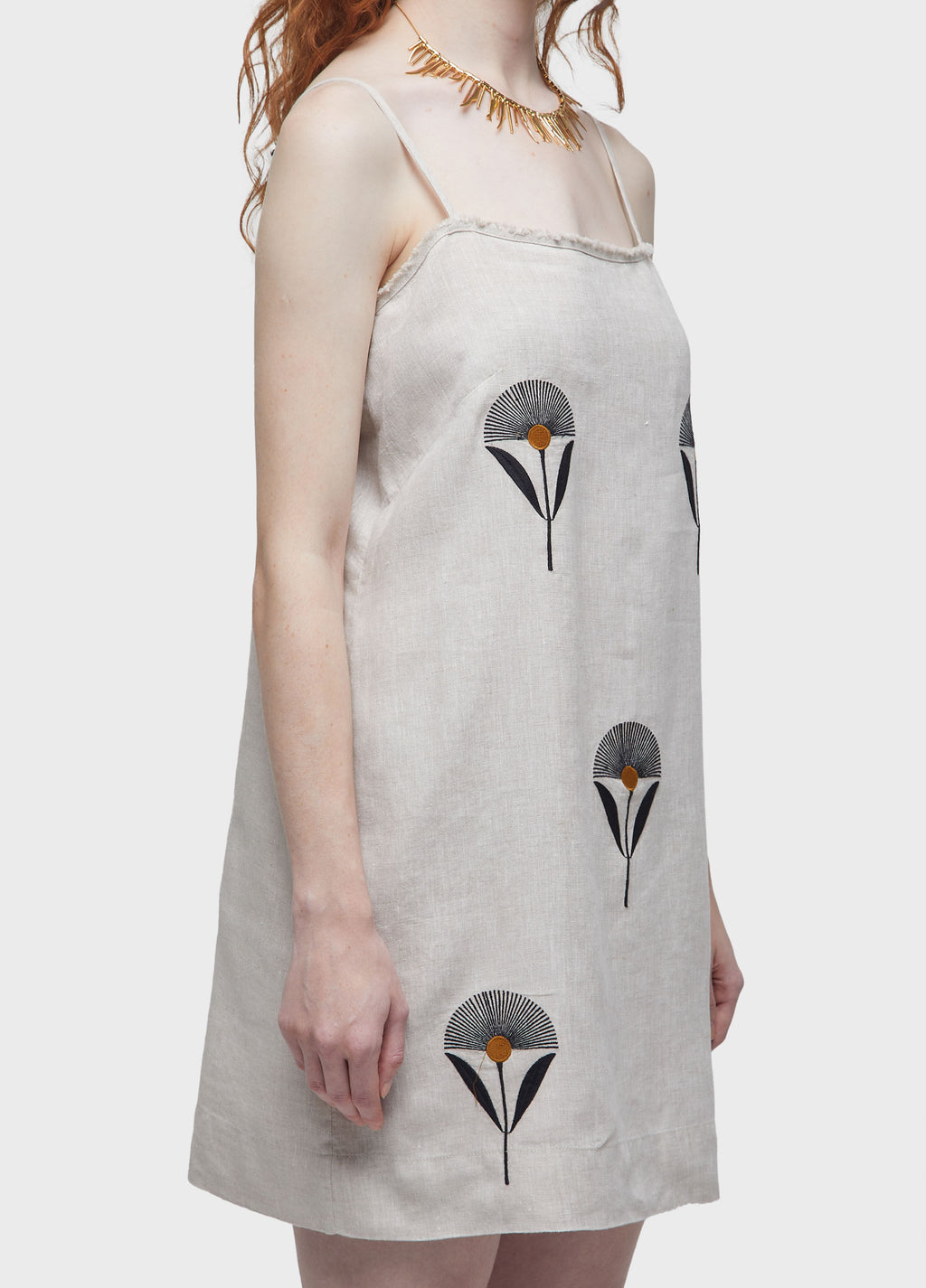 EMBROIDERED SUNFLOWER STRAIGHT STRAP DRESS