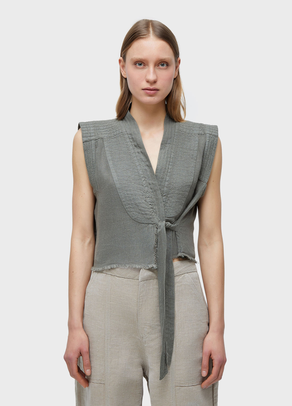 RECYCLED LINEN TIE-FRONT BLOUSE