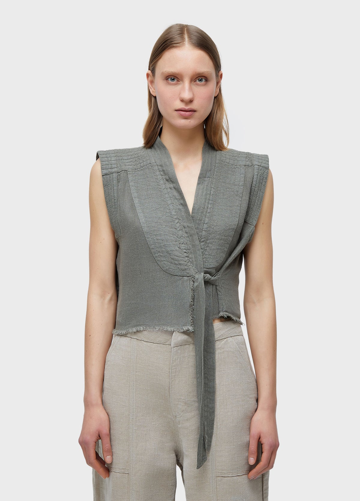 RECYCLED LINEN TIE-FRONT BLOUSE