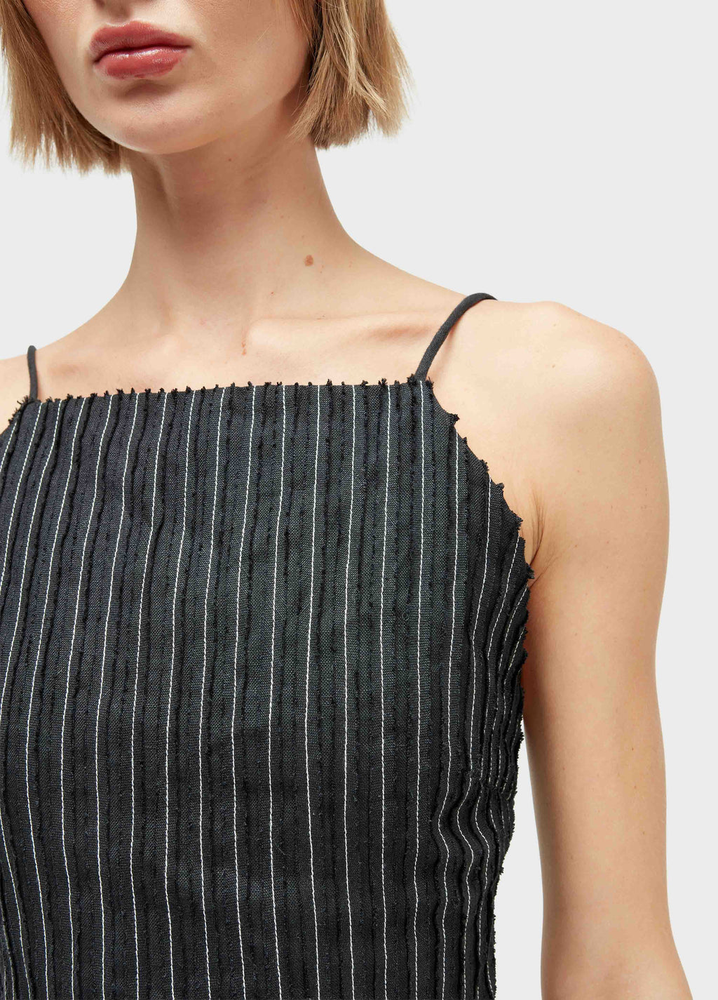 STRAPPY SMOCKED LINEN BLOUSE