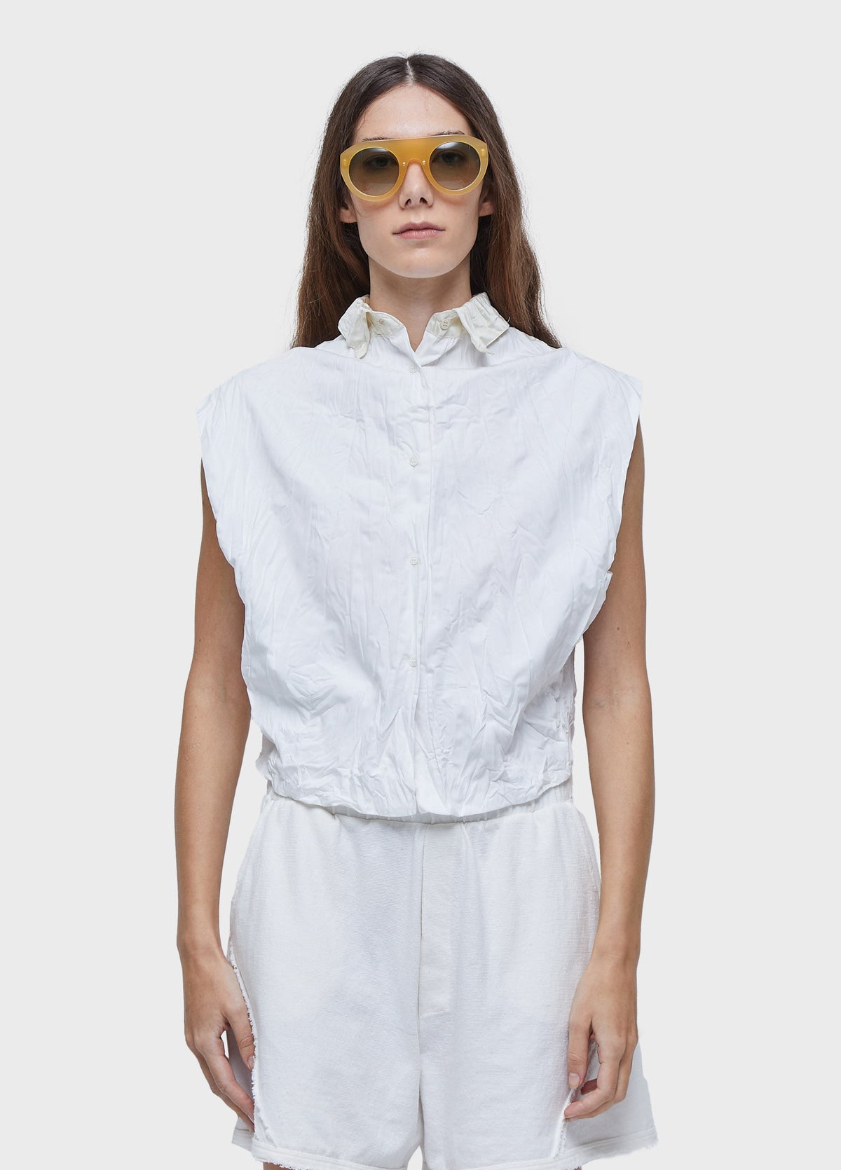 WRINKLED SATIN SLEEVELESS SHIRT + KNIT