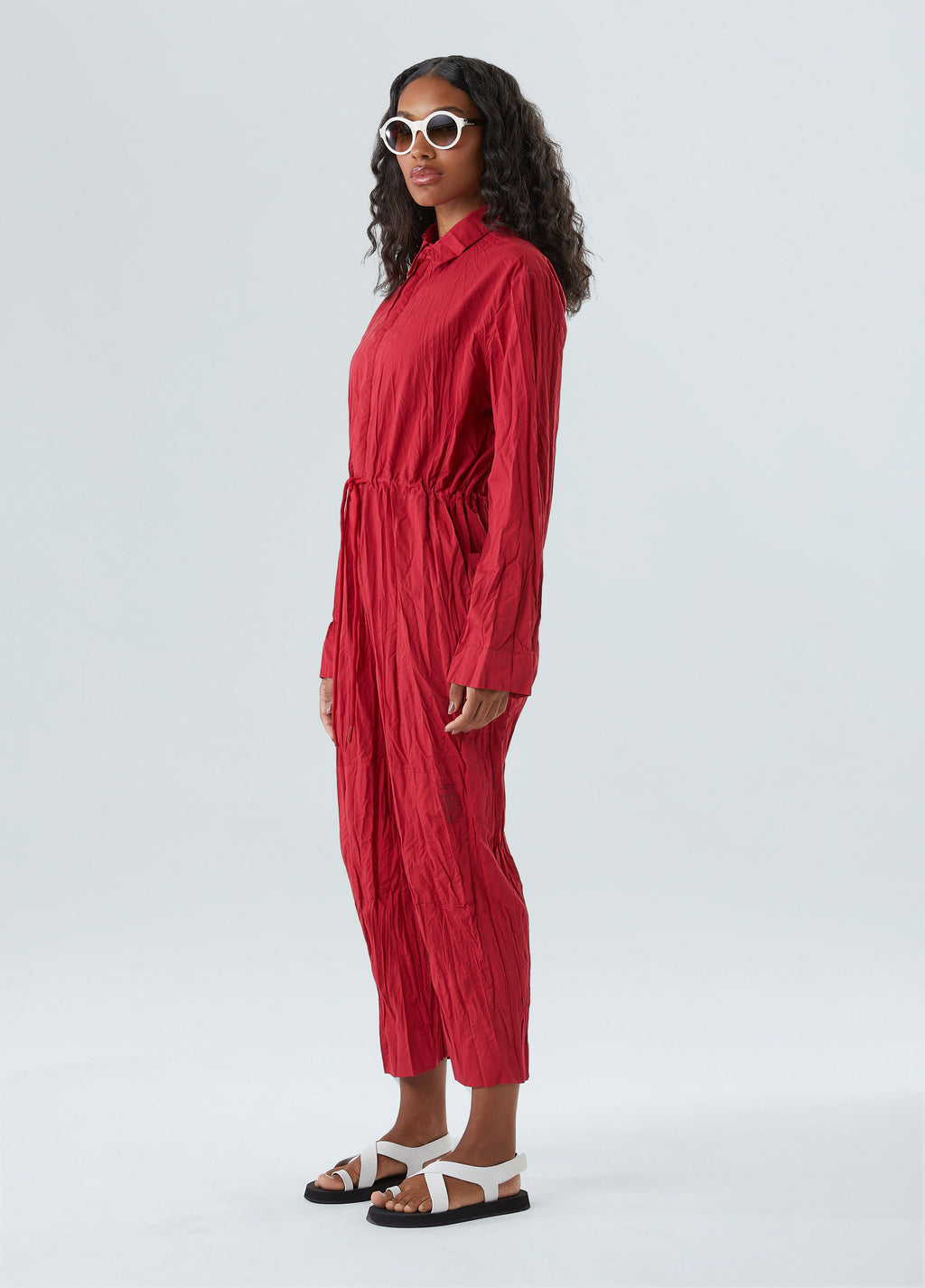 WRINKLED TRICOLINE LONG-SLEEVED JUMPSUIT