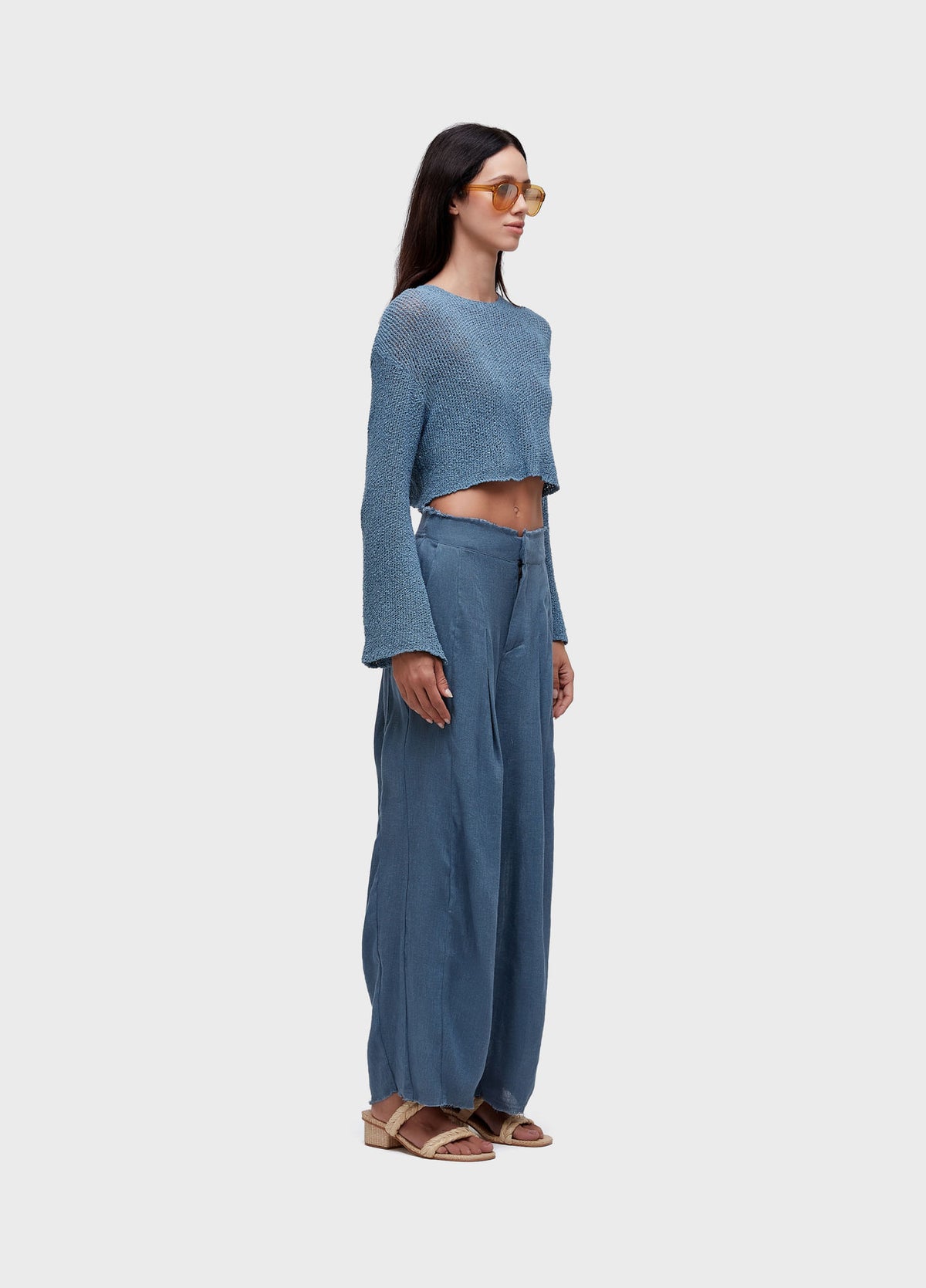 KNITTED FLARE LONG-SLEEVED MESH BLOUSE