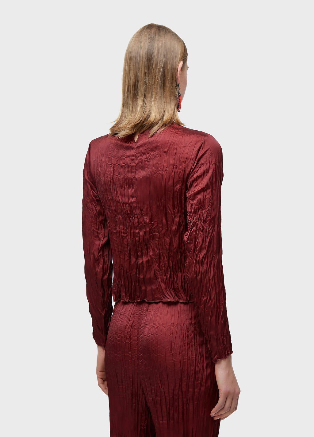 BLOUSE ROUND NECK LONG SLEEVE WRINKLED DOUBLE SATIN