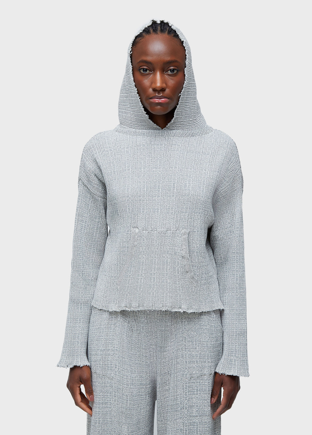 FRAYED HOODED KNIT CARDIGAN