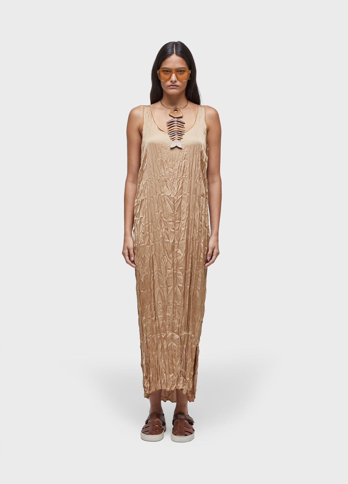 WRINKLED SATIN SLEEVELESS DRESS