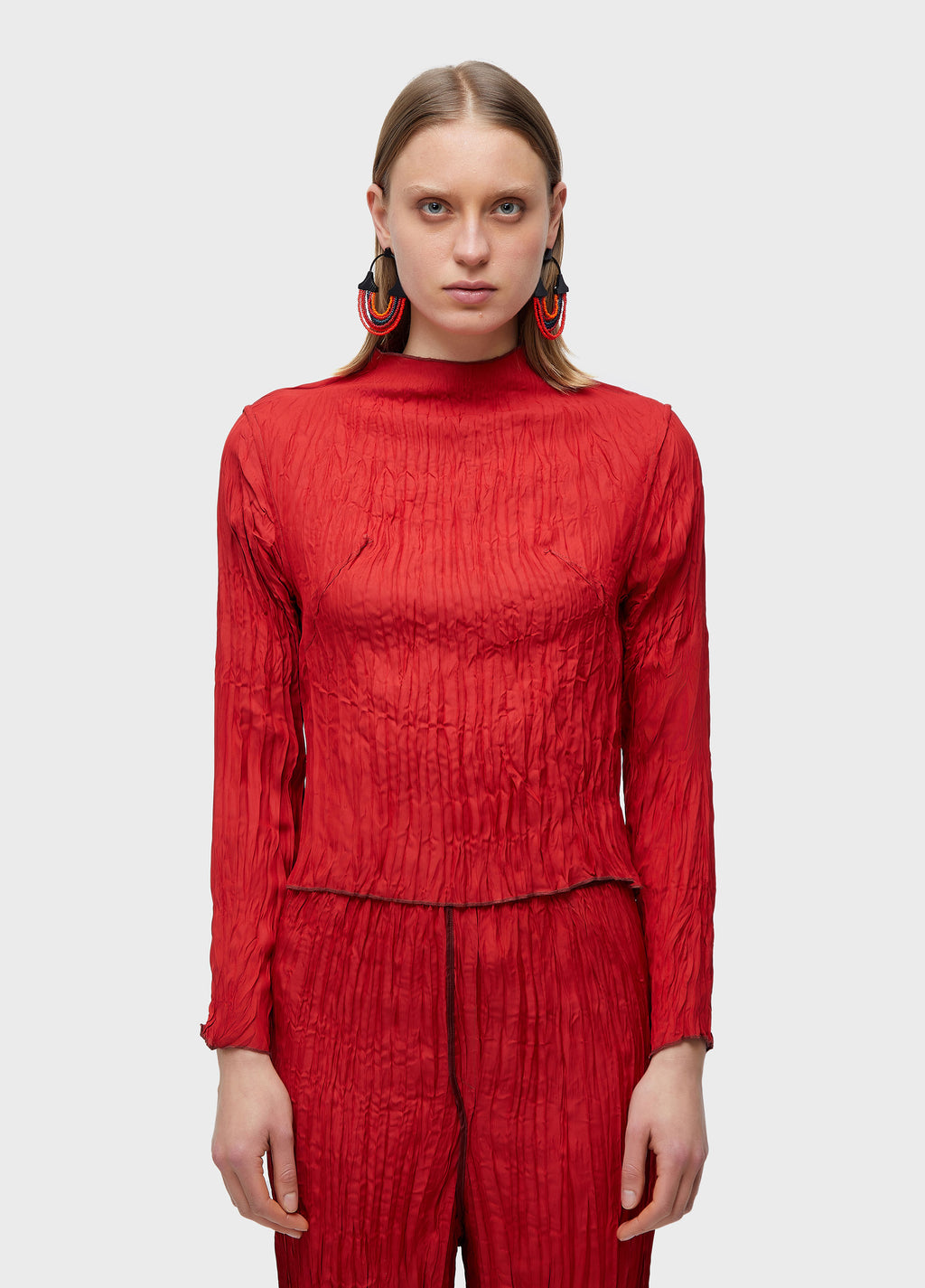 BLOUSE ROUND NECK LONG SLEEVE WRINKLED DOUBLE SATIN
