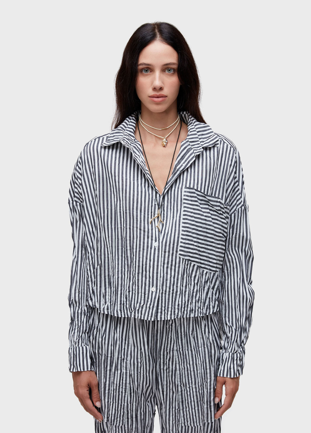 Camisa ML Wrinkled Tricoline Fio Tinto Off-White/Preto – Osklen – foto 1
