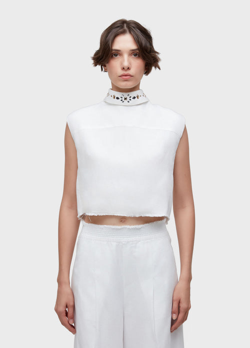 CRYSTAL-EMBELLISHED SLEEVELESS LINEN BLOUSE