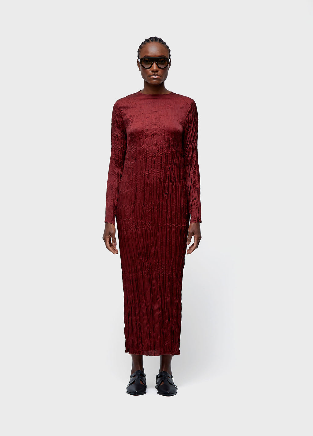 LONG SLEEVE WRINKLED SATIN DOUBLE DRESS