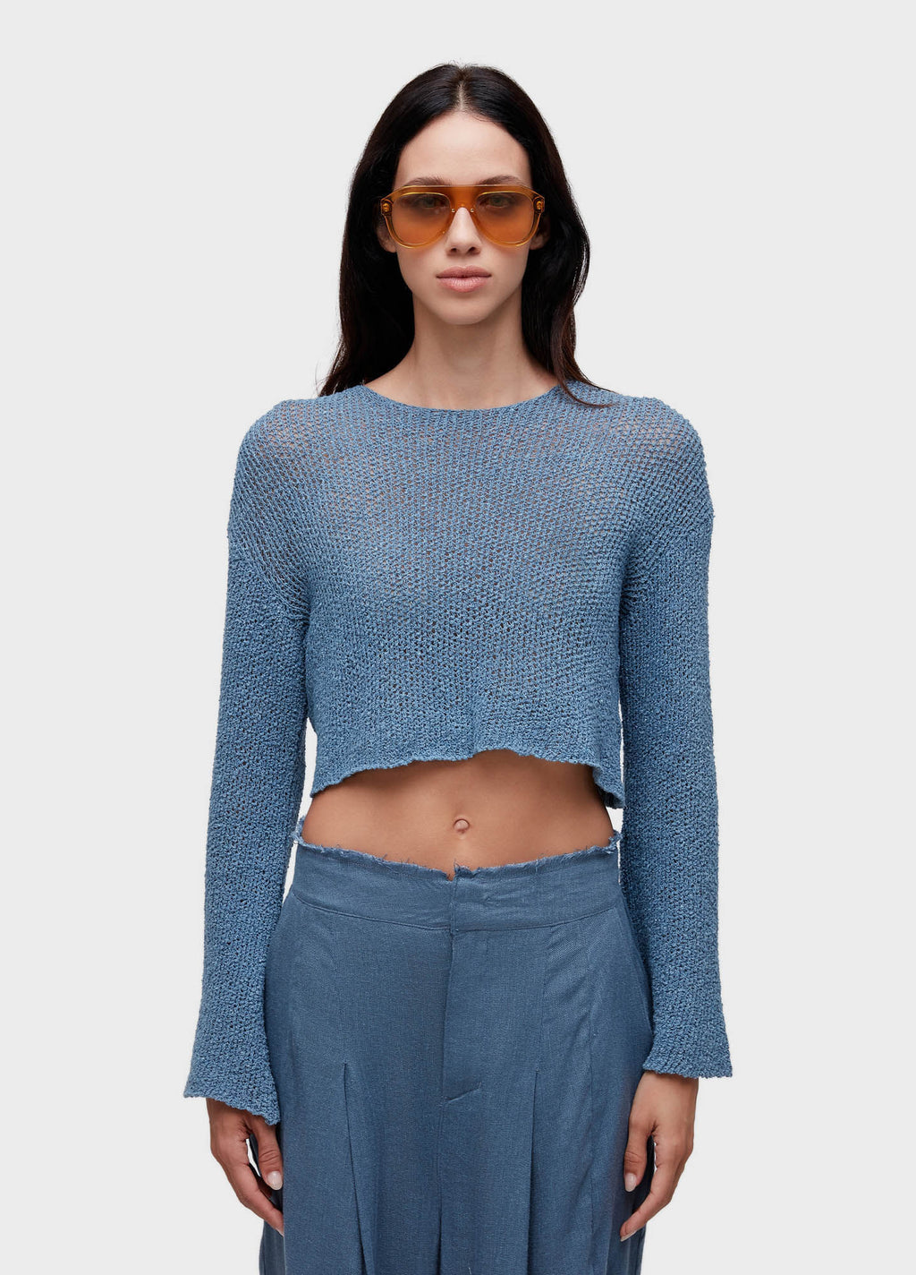 KNITTED FLARE LONG-SLEEVED MESH BLOUSE