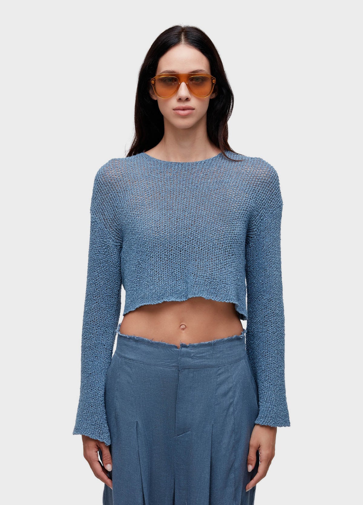 KNITTED FLARE LONG-SLEEVED MESH BLOUSE