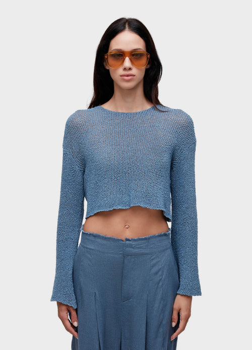 KNITTED FLARE LONG-SLEEVED MESH BLOUSE