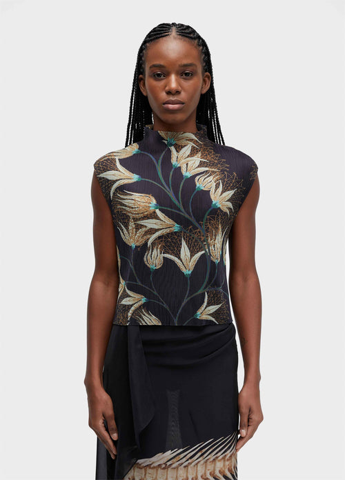FLORAL TEXTURED PLEATED SLEEVELESS BLOUSE