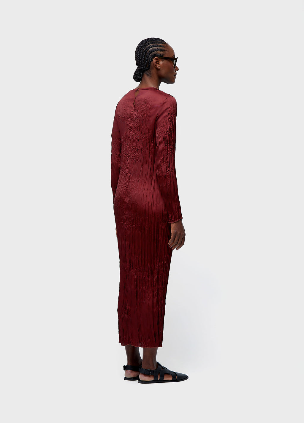 LONG SLEEVE WRINKLED SATIN DOUBLE DRESS