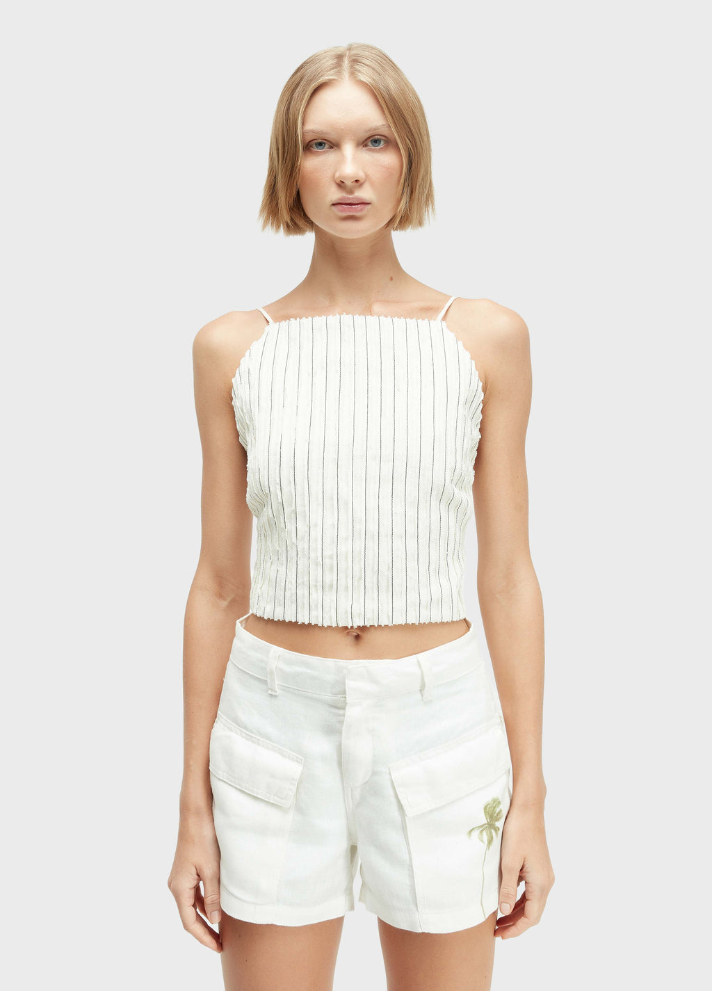 SMOCKED LINEN STRAP BLOUSE