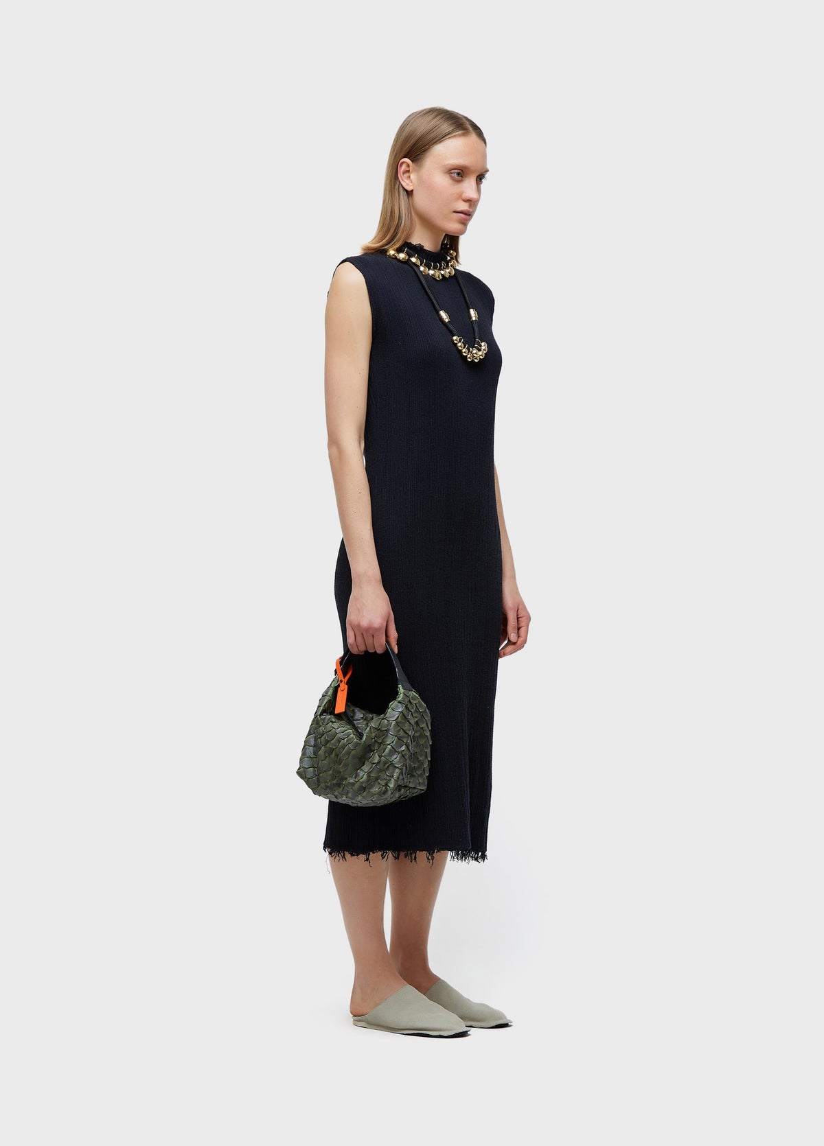 FRAYED HIGH-NECK DRESS