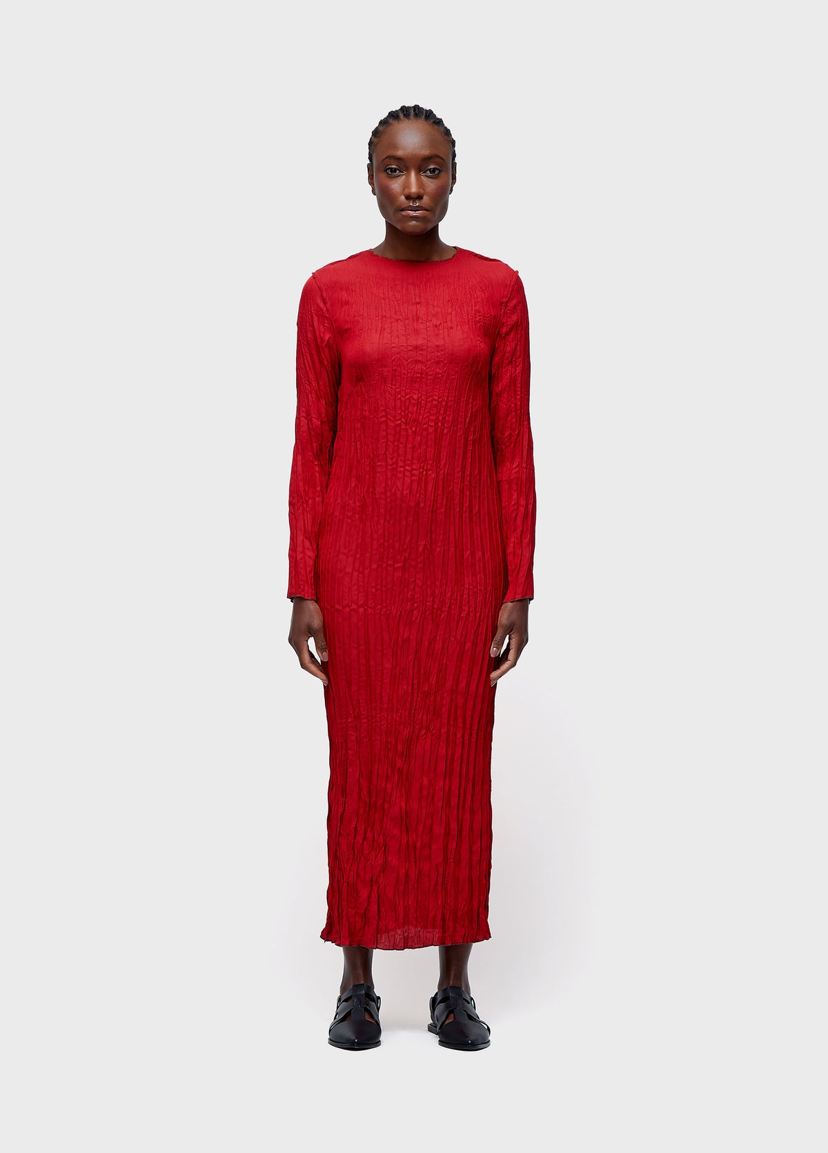 LONG SLEEVE WRINKLED SATIN DOUBLE DRESS